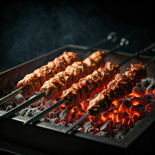 Cinematic close-up of grilled Adana kebab skewers over hot charcoal
