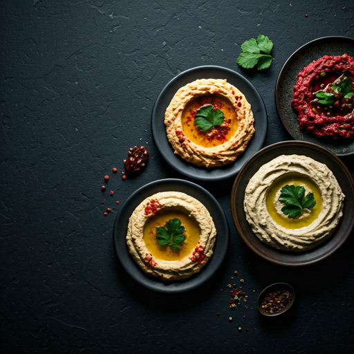 High contrast overhead shot of various meze plates on a dark table